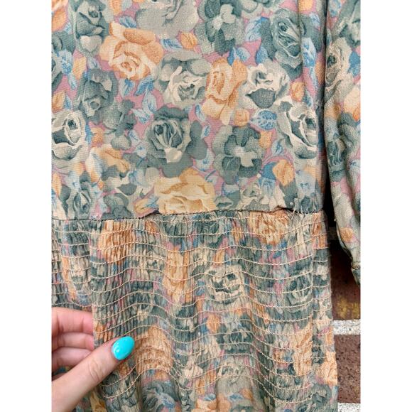 Vintage 1980s Taurus II Floral Print Dress Lace Collar Long Sleeve Drop Waist - Picture 12 of 15